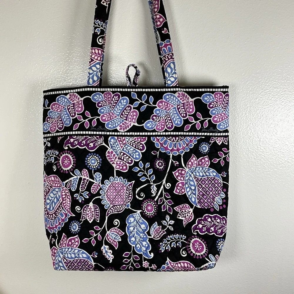 Vera Bradley Black‎ Floral Tote Handbag Checkered Inside Floral Toggle Closure